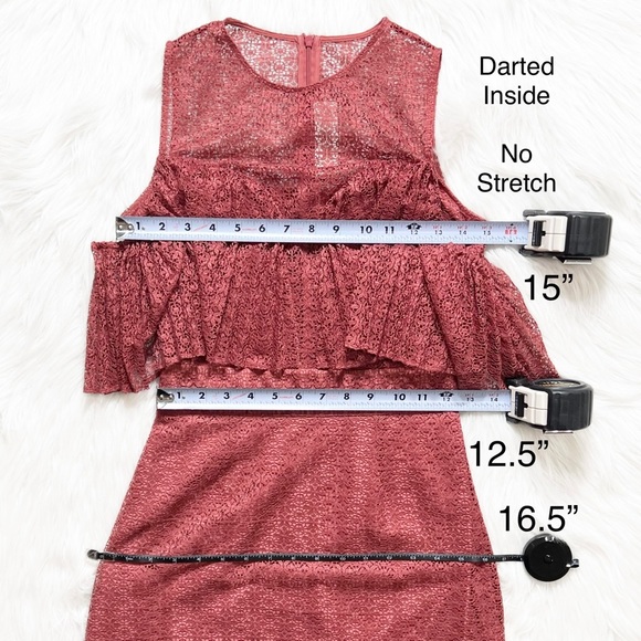 Keepsake Rose Pink Lace Sweetheart Plunge Ruffle Cold Shoulder Mini Pencil Dress - Picture 14 of 16